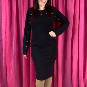 Miarte Sheath style long sleeved gold button little black dress, size 4 or L